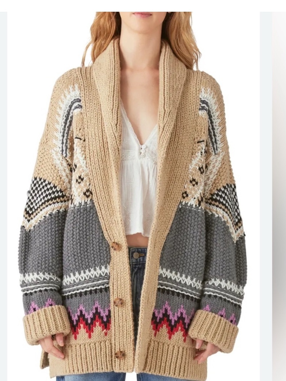 LUCKY BRAND TRIBAL PRINT CHUNKY KNIT SHAWL COLLAR CARDIGAN XS